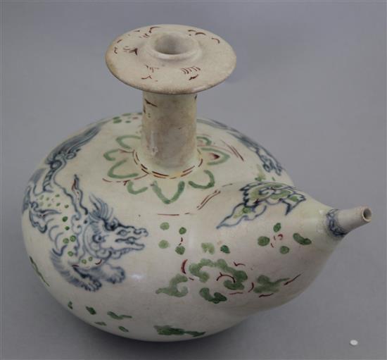 An Annamese underglaze blue and enamelled kendi, 16th century, height 17.5cm, restorations